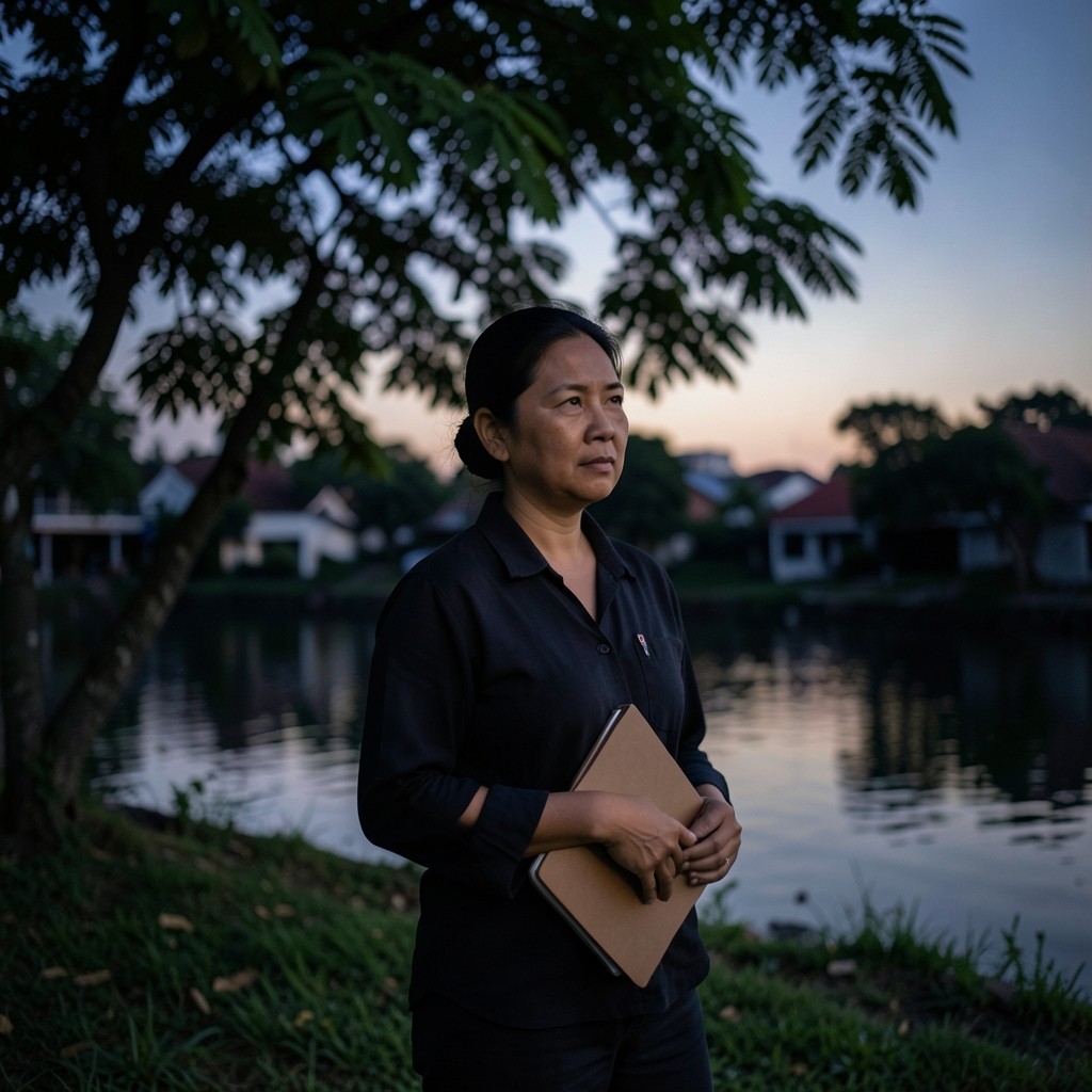 Thai woman standing on a grassy canal bank at dusk with a closed notebook