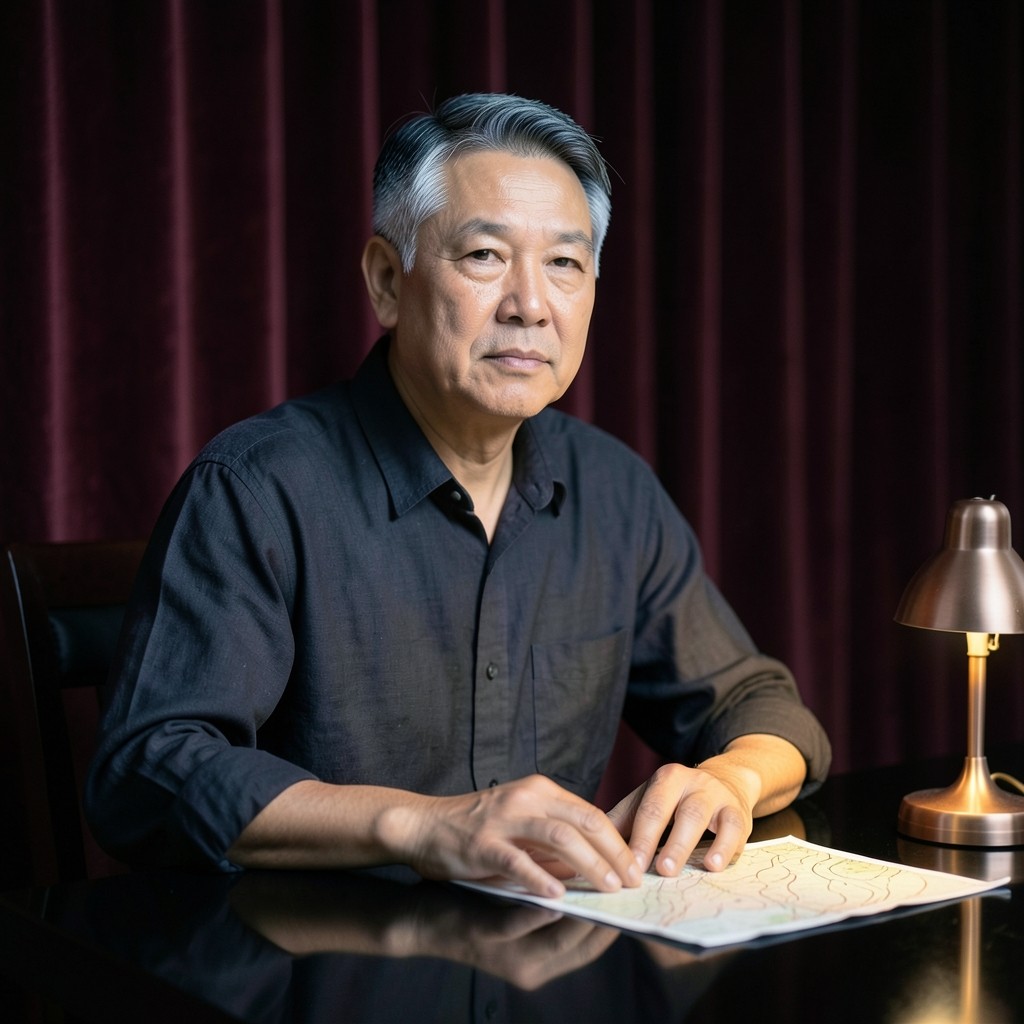 Middle-aged Thai cartographer seated at a lacquered table beside an unlabeled map