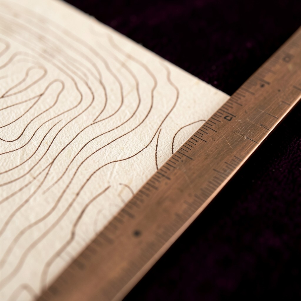 Close view of unlabeled fine contour lines inked on cotton paper, copper ruler beside the sheet, no readable words