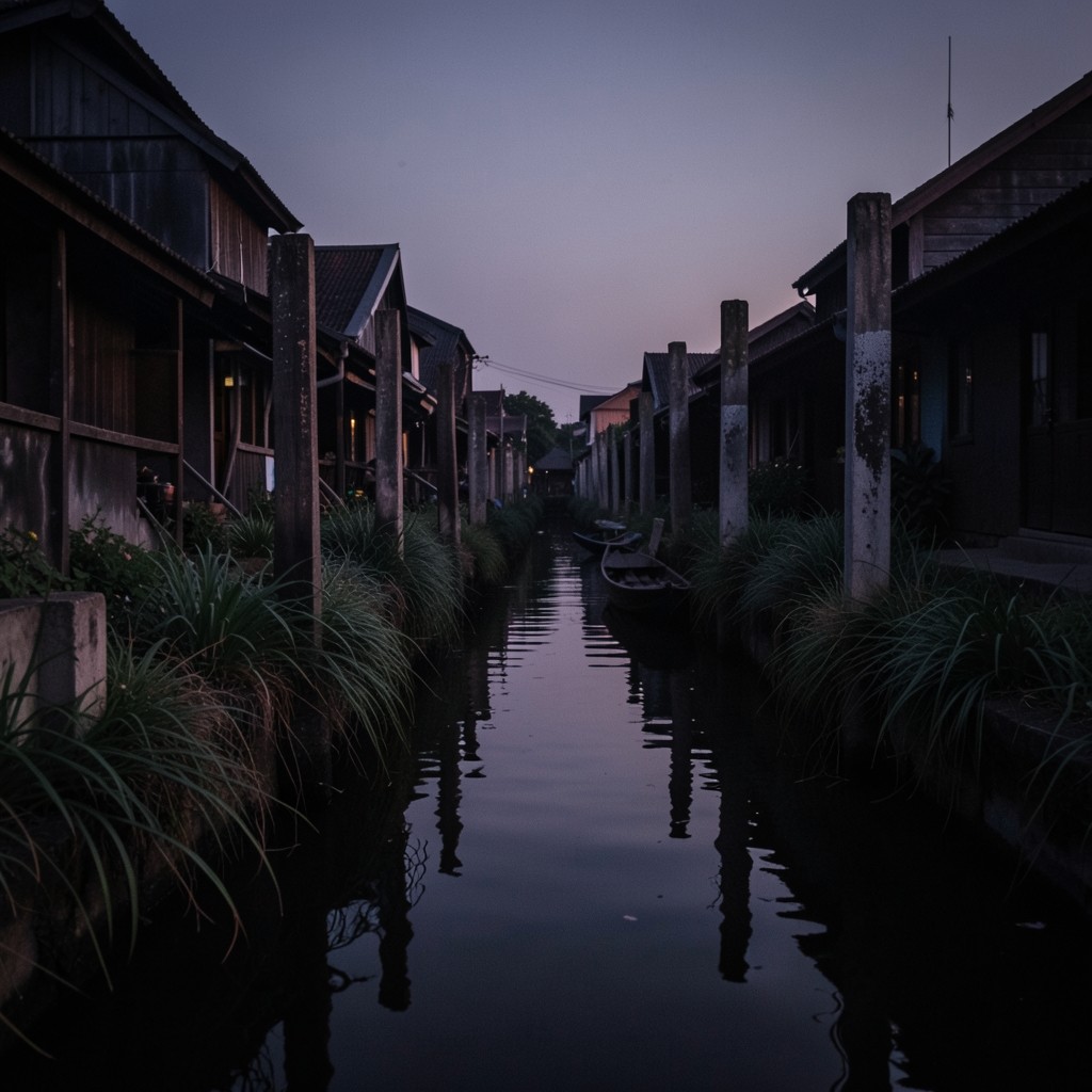 Quiet dusk view along a Bangkok canal bank with wooden posts and long grass, no signs visible