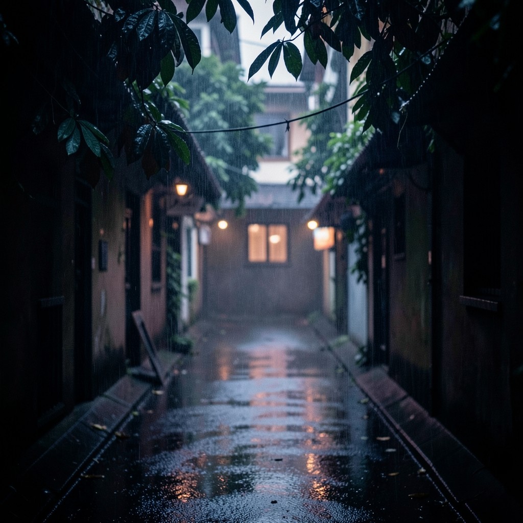 Rain falling on a dark Bangkok soi beside a canal, wet leaves and reflective ground, no signs or vehicles with readable plates