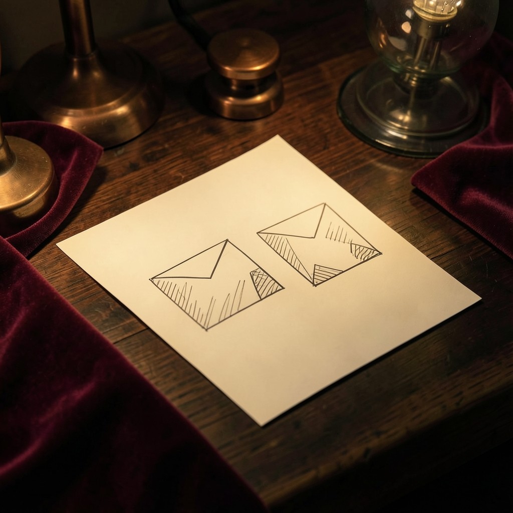 Two paper parcel sketches aligned on a dark wooden desk with copper weights, no printed labels
