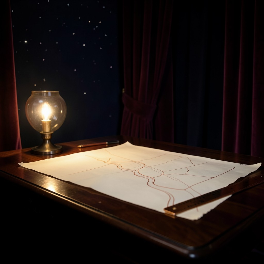 Unlabeled canal map on a lacquered table in a velvet-dark studio, lit by a copper lamp