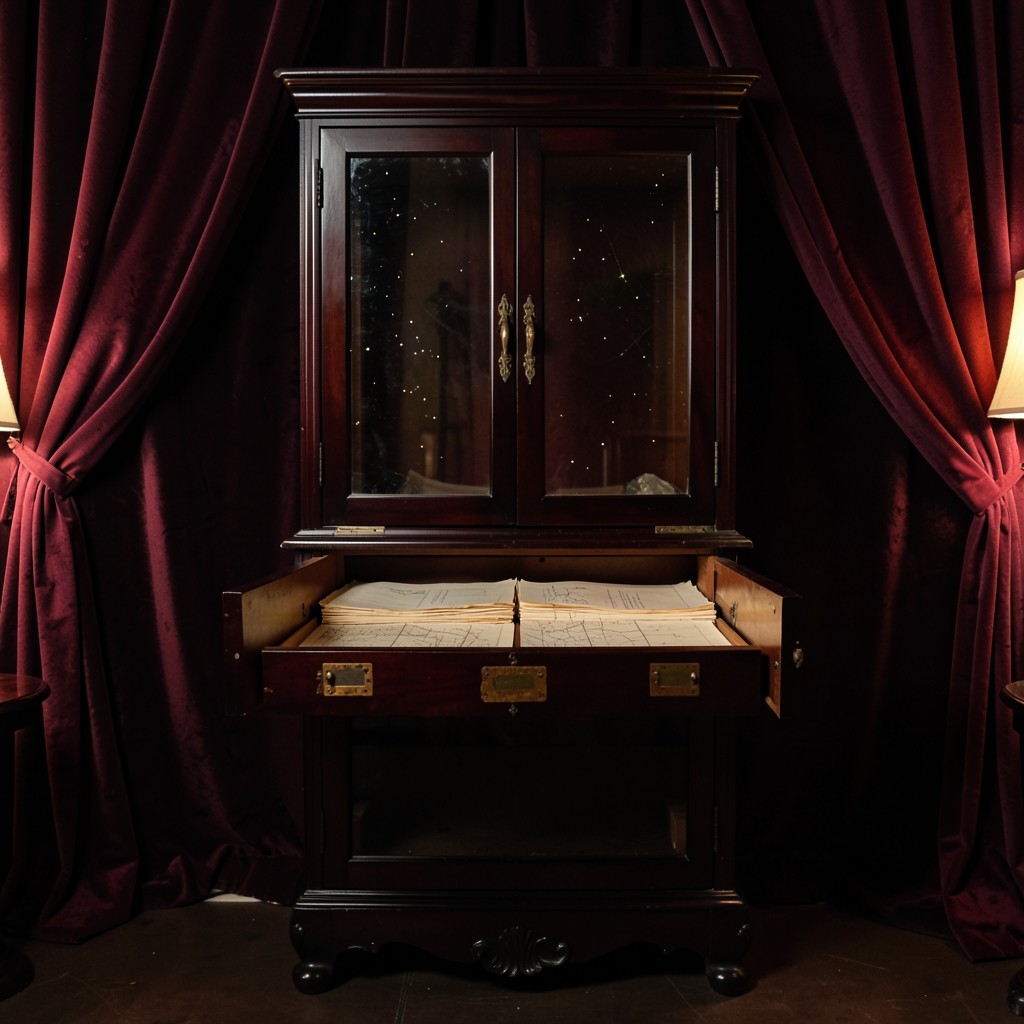 Flat drawers of a dark wood map cabinet slightly open, cream sheets without lettering
