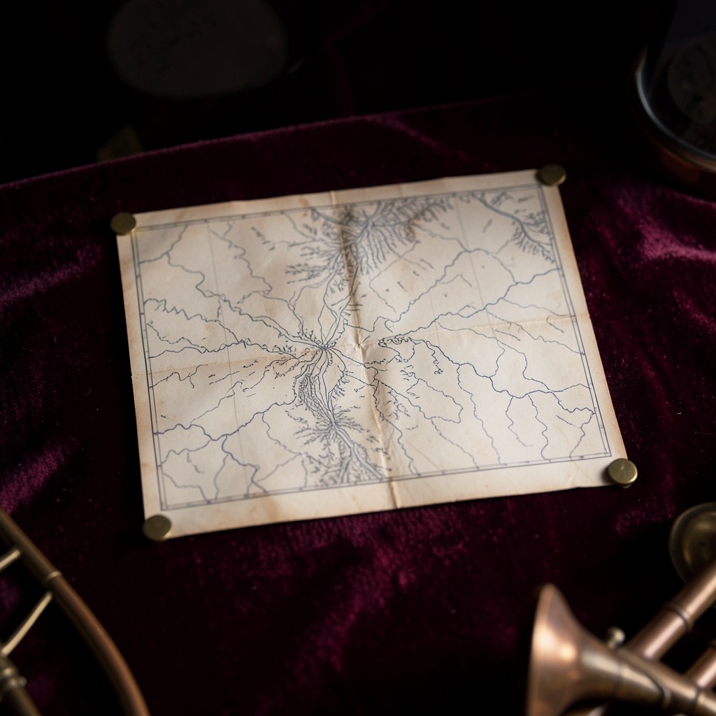 A single unlabeled map sheet with fine contour ink, held by brass corners on a velvet-dark table