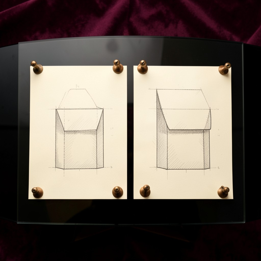 Two unlabeled parcel drawings side by side on smoked glass, copper weights at the corners, velvet darkness around them