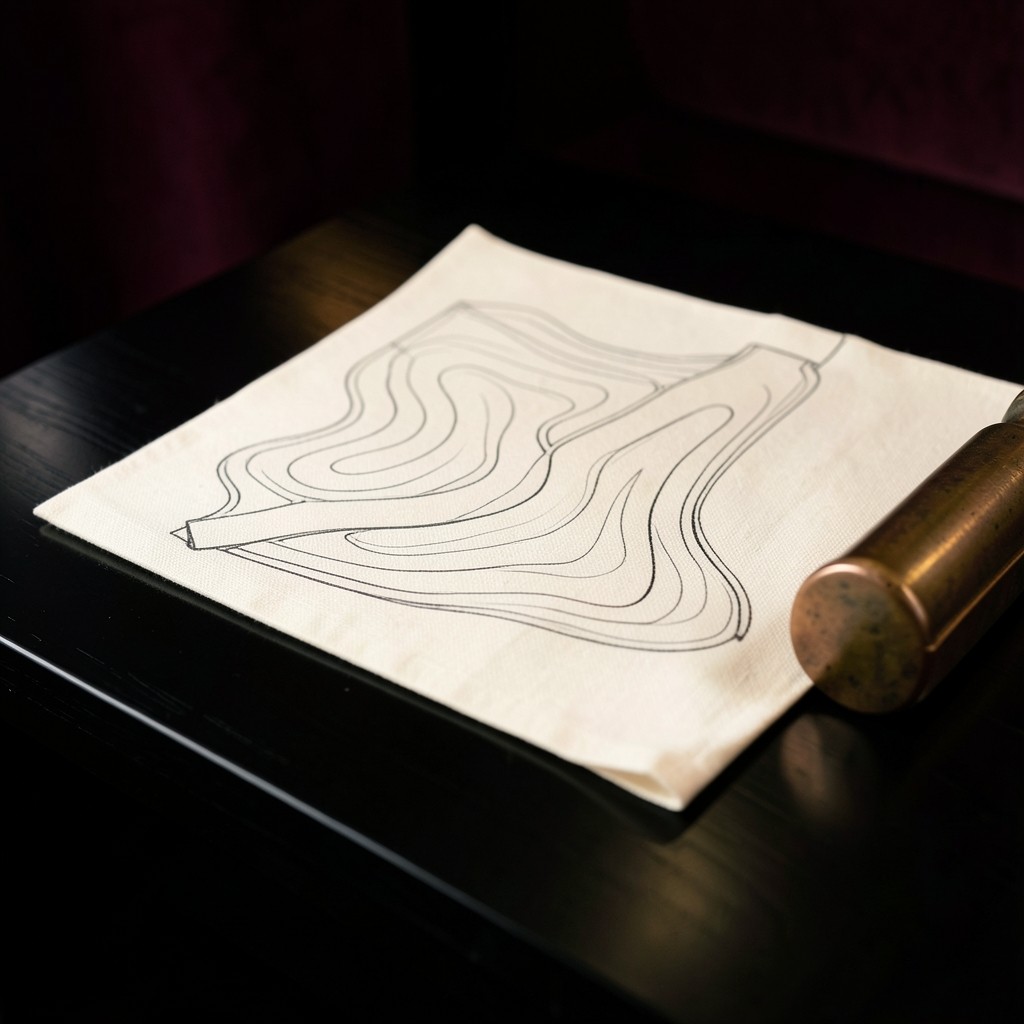 Unlabeled cotton-paper map of a canal-edge lot spread on dark lacquered wood under a copper lamp