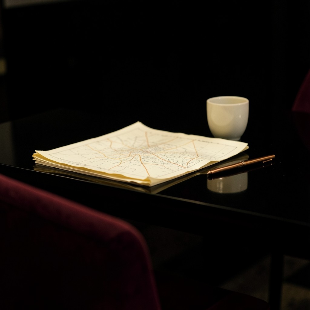 Printed map sheets curled slightly at the corner on a lacquered table after a client meeting